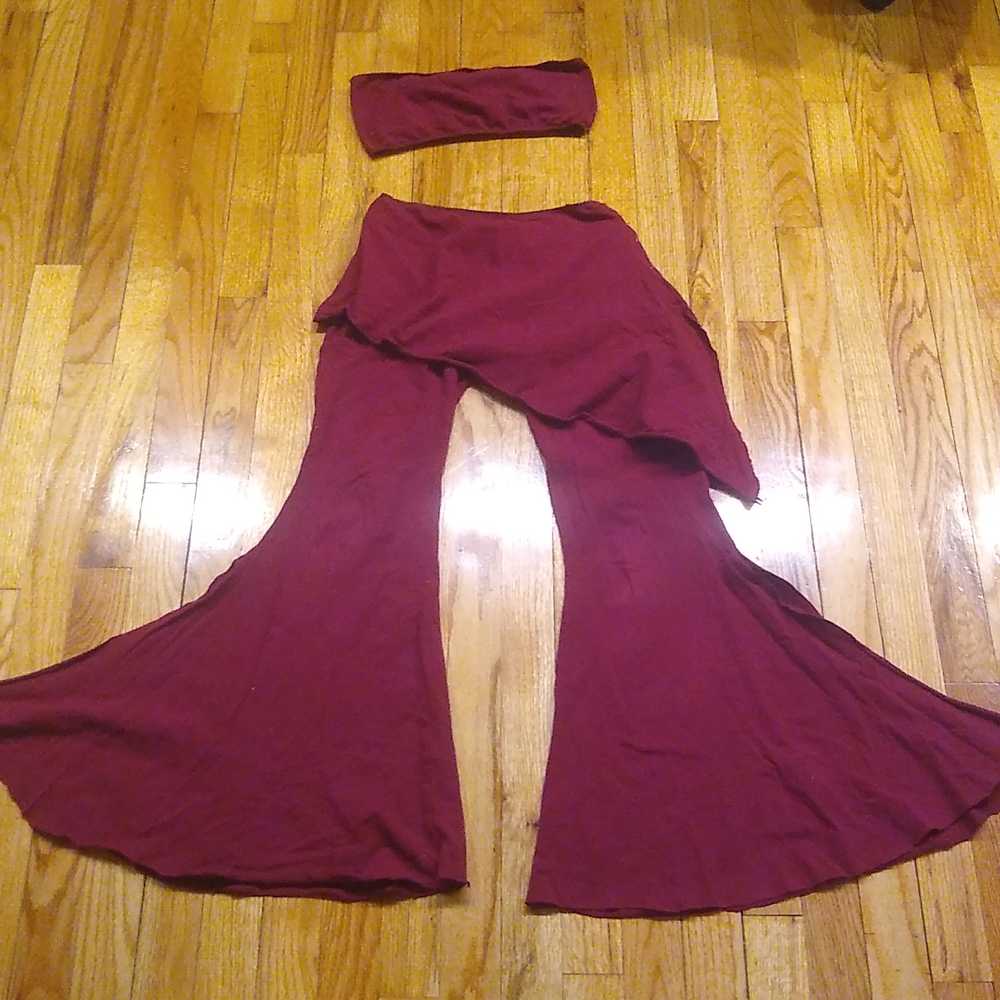 Burgundy set flared festival pants tube top and skirt